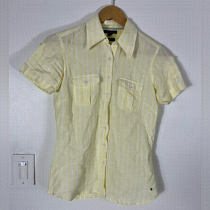 100% Linen Tommy Hilfiger Yellow White Striped Button Up Short Sleeve Shirt Sz 4